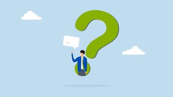 Answer business question, 4k animation of determination businessman comes out of question mark to answer question. video