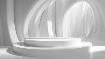 A modern, minimalist white stage with curved architectural elements and soft daylight streaming through. The scene exudes a futuristic and serene atmosphere. photo