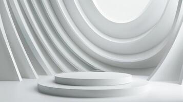 A minimalist white stage with circular steps and an abstract, curved backdrop, featuring soft indoor lighting. photo