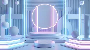A futuristic stage featuring glowing neon lights, geometric shapes, and vibrant colors, set in a modern environment. The setting evokes a sci-fi atmosphere using minimalistic design elements. photo