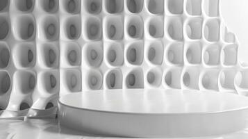 A white geometric structure featuring elongated hexagonal shapes with a smooth circular platform in the foreground, illuminated by daylight. photo
