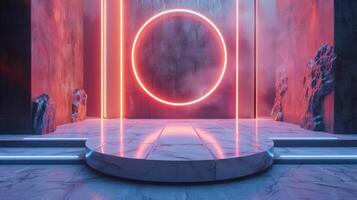 A neon-lit, futuristic stage features a glowing circular portal, set against a backdrop of mystical, rocky terrain at night. photo