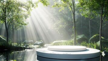 Sunlight filters through trees in a peaceful forest clearing, illuminating a podium by a calm pond surrounded by greenery. photo