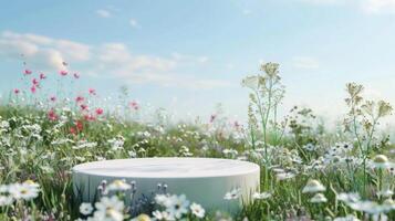 A white circular platform sits amidst blooming wildflowers in a sunny meadow under a clear blue sky. photo