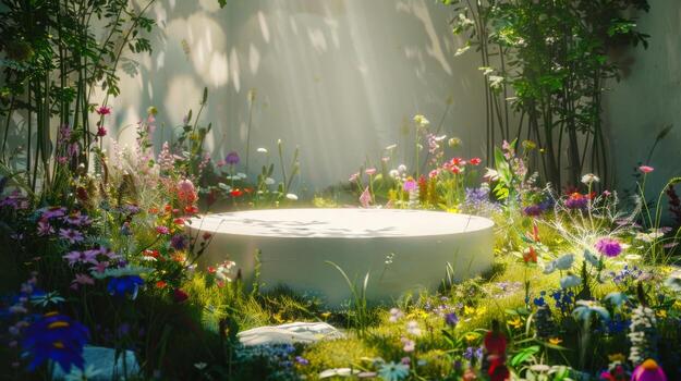 un lozano flor silvestre jardín, lleno con vistoso floraciones y luz de sol filtración mediante árboles, rodea un circular Roca plataforma. foto