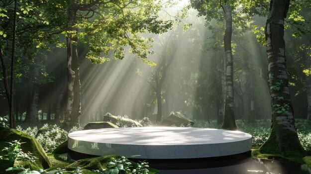 Mañana luz de sol corrientes mediante un lozano, verde bosque, esclarecedor un circular etapa rodeado por cubierto de musgo rocas y follaje. foto