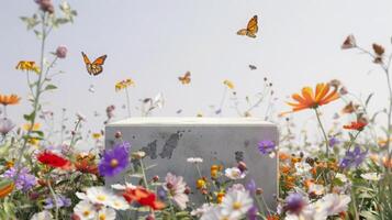 Monarch butterflies flutter among a vibrant array of summer wildflowers surrounding a concrete block under a clear sky. photo