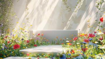 Sunlight filters through lush vines and flowers in a tranquil garden, casting a warm glow on a stone path leading to a white bench. photo