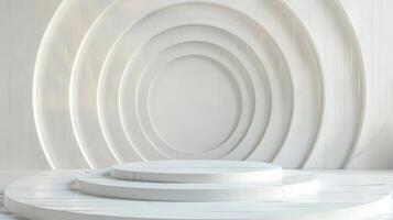 A sophisticated, minimalist white stage with concentric circular design, perfect for presentations or events, set indoors under natural daylight. photo