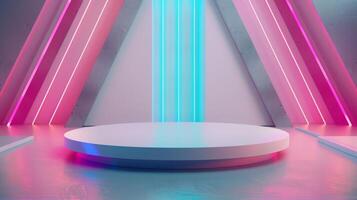 A futuristic stage adorned with neon blue and pink lights, featuring a triangular backdrop and circular platform, perfect for events or showcases. photo