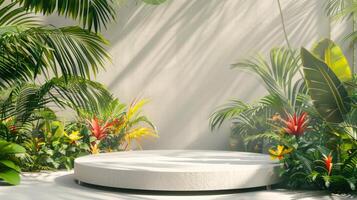 A circular white platform surrounded by lush tropical plants and colorful flowers, basking in sunlight. Shadows of leaves create a pattern on the wall. photo