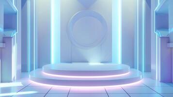 A futuristic room featuring a glowing circular stage, neon lights, and sleek, reflective surfaces. The setting appears highly modern and high-tech, with a minimalistic design. photo