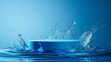 A blue cylindrical object creates a splash as it hits the water in a controlled studio environment. photo