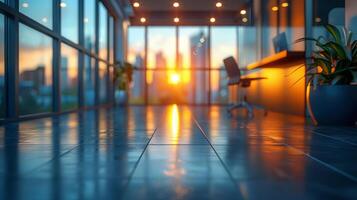 Sun setting through the large windows of a modern office hallway, reflecting light on the polished floor with cityscape in the background. photo