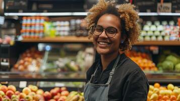 A cheerful grocery store employee arranges fruits and vegetables in a brightly lit aisle, showcasing a fresh and vibrant produce section. photo