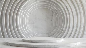 A minimalist white stage with concentric circular arches in a modern indoor setting, capturing a serene atmosphere in daylight. photo