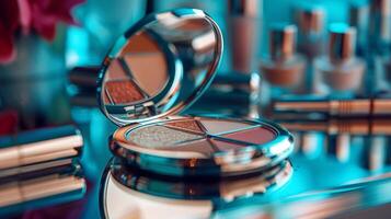 A makeup compact with an open mirror rests on a reflective surface, surrounded by cosmetics, under bright lighting. photo