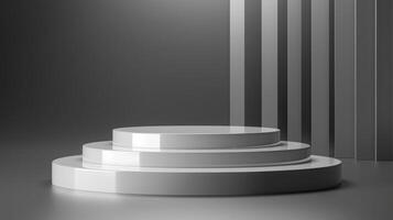 Three identical white pedestals stand evenly spaced in a room. The room is neat and well-lit, emphasizing the simplicity and symmetry of the pedestals. photo