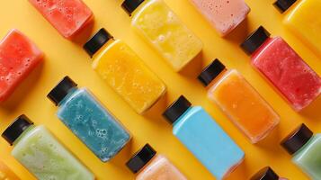 Vividly colored bottles of various fruit smoothies arranged neatly on a bright yellow background, showcasing a variety of flavors. photo