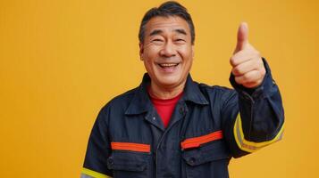 A smiling firefighter, dressed in a dark uniform with reflective stripes, gives a thumbs-up gesture in front of a bright yellow background. photo