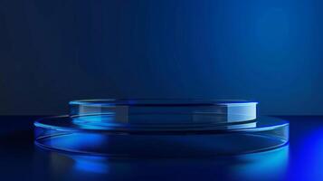 A round glass podium is illuminated by blue lights in a dark setting, creating a modern and sleek atmosphere. photo