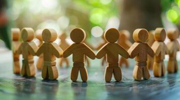 A group of wooden figures holding hands in a circle, symbolizing unity and teamwork. photo