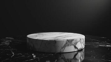 A circular marble pedestal is displayed on a black marble table with subdued lighting, creating a stark contrast and highlighting the textures of both marbles. photo