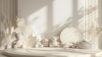 A collection of cute plush toys, including bears and bunnies, arranged on wooden shelves in a cozy, sunlit nursery room. photo
