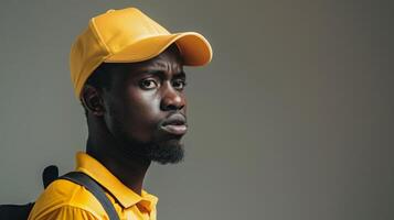 A young man dressed in a yellow cap and shirt looks intently to the side while indoors during the day. photo