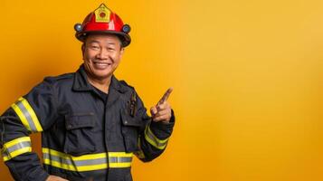A cheerful firefighter wearing full uniform and helmet stands against a bright yellow background, smiling and pointing with his right hand. photo