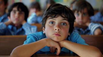 A young boy is seated in a classroom, staring intently at his watch, possibly waiting for a class to end or an event to begin. photo