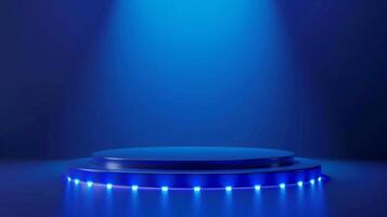 A blue-lit stage with a circular platform is illuminated by a spotlight during nighttime, surrounded by blue LEDs. photo