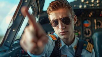 A confident pilot wearing aviator sunglasses and a uniform points forward while seated in an airplane cockpit during daytime. photo