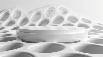 An intricate 3D structure consisting of overlapping circular patterns and a central platform creating a futuristic, abstract design. photo