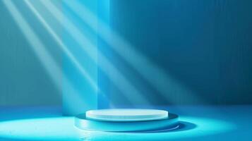 An empty circular stage is illuminated by bright blue lights, with rays of light streaming into a modern, blue room. photo