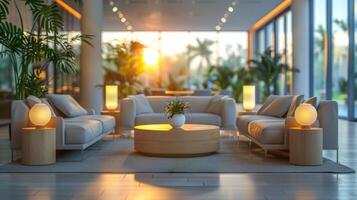 Cozy living room with modern furnishings, plush sofas, and indoor plants bathed in the golden glow of sunset through glass walls. photo