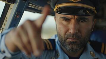 A focused pilot wearing a uniform and cap points forward while seated in a cockpit on a clear daytime flight. photo