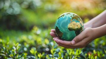 A person is holding a green globe in their hands, displaying care for the environment and the world. photo