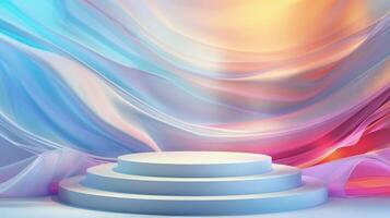 A three-tiered white pedestal stands against a backdrop of flowing, colorful fabric illuminated by soft, ambient light at dusk. photo