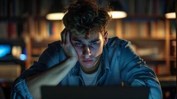 A young man is sitting in front of a laptop at night, working or studying in a dimly lit room. photo