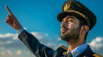 A young air force pilot in uniform confidently points skyward against a clear blue sky with a few clouds, suggesting readiness and determination. photo