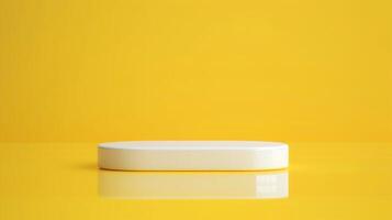 A minimalistic white platform placed on a reflective yellow surface with a solid yellow background in a studio setting. photo