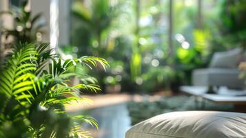 un moderno vivo habitación se jacta un iluminado por el sol interior jardín lleno con lozano verdor y acogedor asientos áreas foto