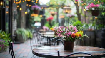 A quaint outdoor cafe patio with wooden tables adorned with colorful flowers, surrounded by lush greenery and warm string lights. photo
