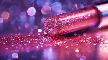 A detailed view of a vibrant pink lipstick resting on a reflective, glossy surface. photo