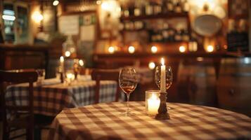 A wooden table with two wine glasses filled with red wine and a burning candle between them. photo