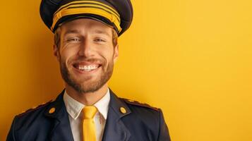 A male flight attendant, dressed in a professional uniform with a matching hat and tie, smiles warmly against a bright yellow backdrop. photo