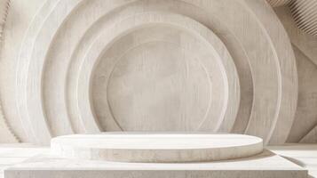 A modern art installation featuring concentric circular patterns in a minimalist gallery space. The lighting highlights the textured surfaces, creating an intriguing visual effect in the afternoon. photo