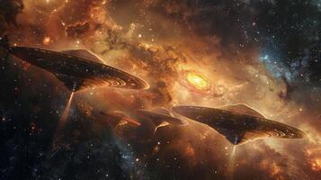 Multiple spaceships navigate through a vast space, surrounded by countless stars in motion. photo