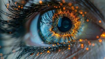 Detailed view of a human blue eye with microchip implants visible. photo